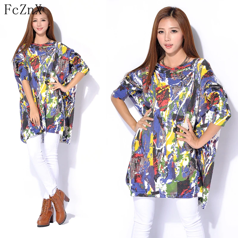 

Autumn 2018 women long sweater pullovers knitted slash neck graffiti print batwing long sleeve loose fashion casual jumpers tops