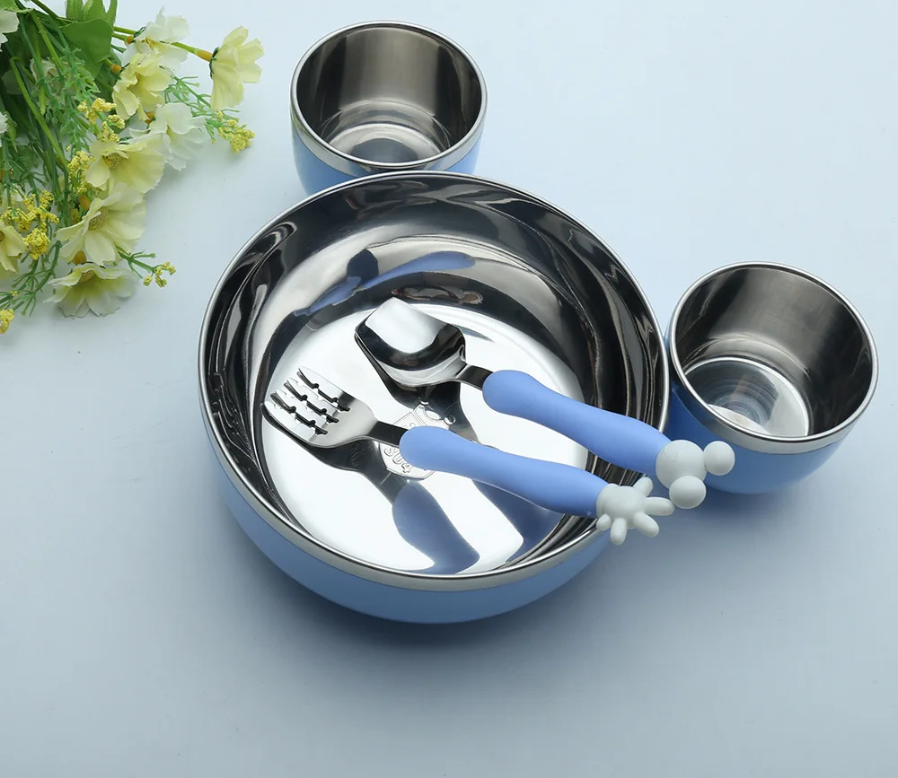 

High Quality Stainless steel Baby Children Feeding Bowl Cartoon Mickey Dinner Tray Dishes Fruit Bowls dinnerware set