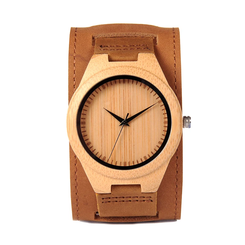 BOBO BIRD Men Watch Natural Bamboo Japanese Quartz Wooden Dial Wide Genuine Leather Band Wrist Watch Brown With Gift Box