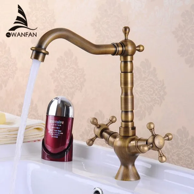 Cheap Kitchen Faucet Antique Bronze Brass Kitchen Sink Faucet Double Handle 360 Rotation Tall Spout Cold Hot Water Mixer Tap HJ-6713F