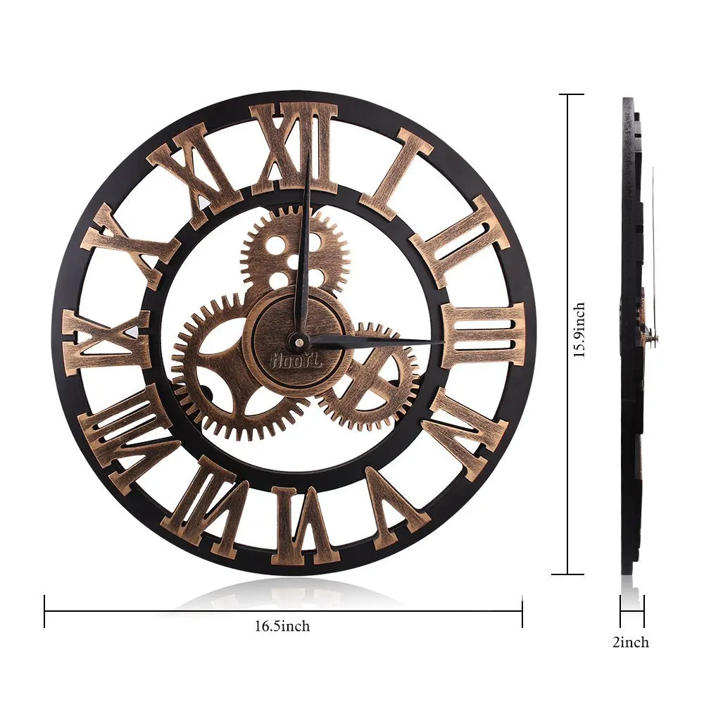 3D ретро деревенский Винтаж деревянный 23 дюйма бесшумные Шестерни настенные часы, в римском стиле анти-бронза