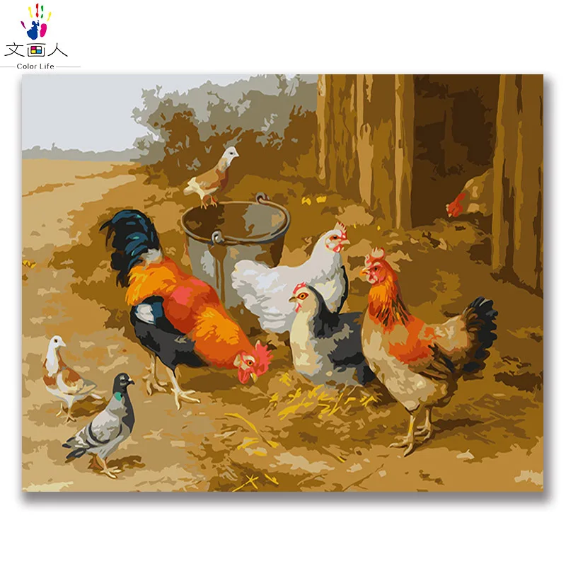 

Animal chicken oil Painting By Numbers with kits DIY draw pigeon and chicken Pictures By Numbers for room decor Farm style frame