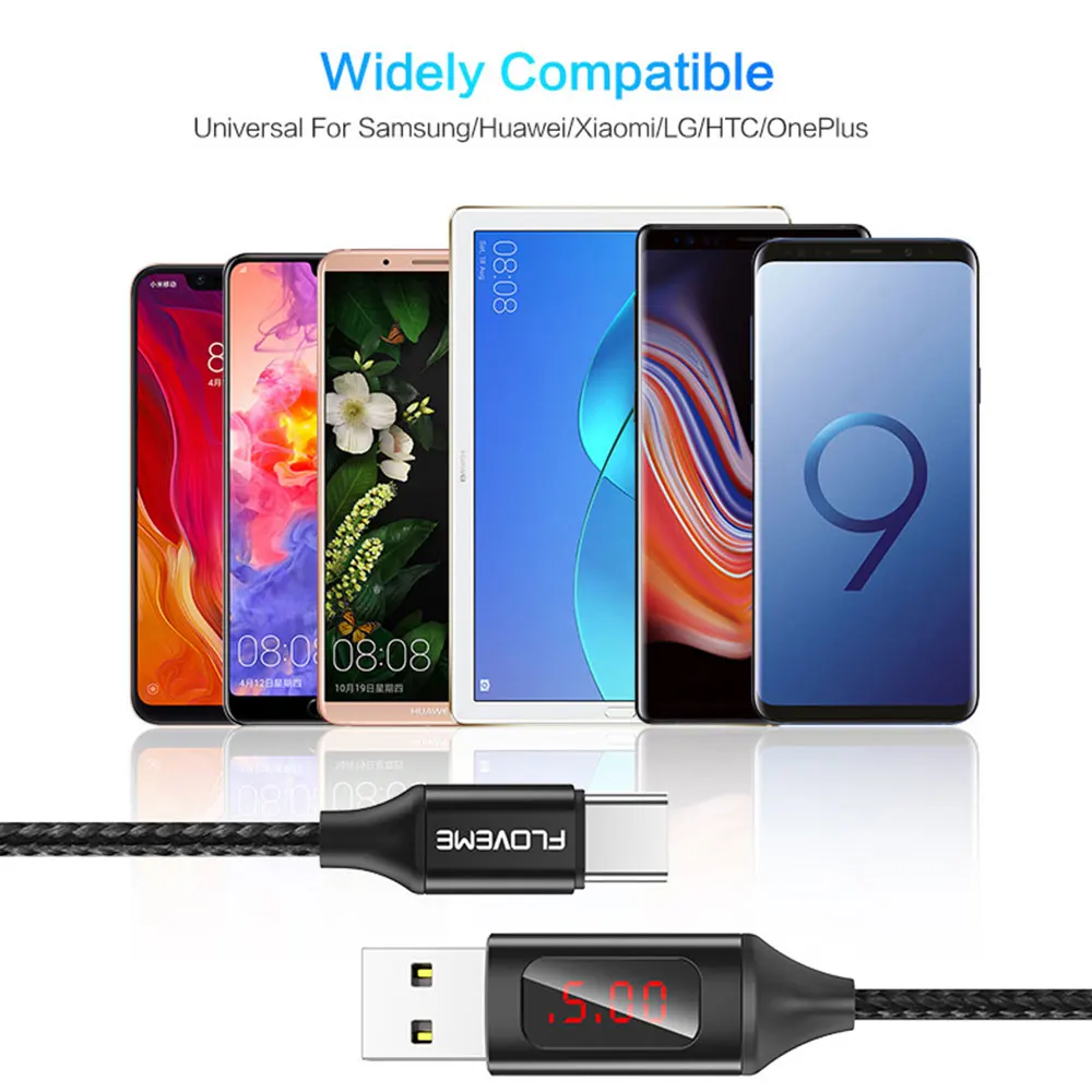 FLOVEME Micro usb type C кабель для мобильного телефона зарядный провод для samsung для Xiaomi для Redmi светодиодный цифровой USB кабель для iPhone XR