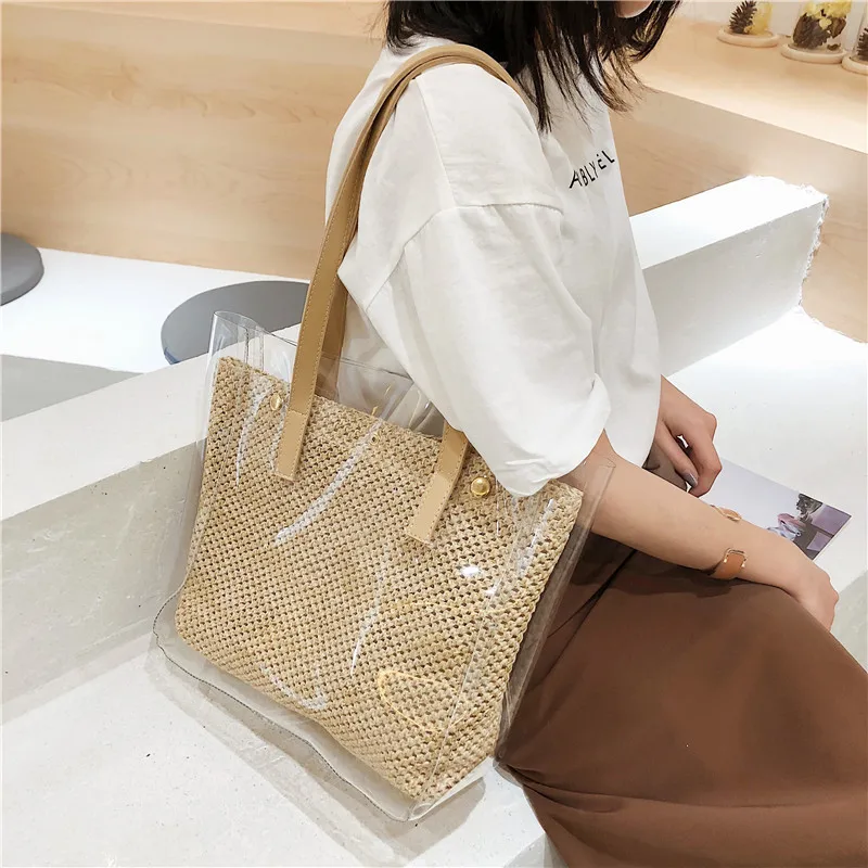 

Transparent Clear PVC Women Handbag Female Weaving Straw Bag Fashion Women Shoulder Bag Large Capacity Totes New 2019