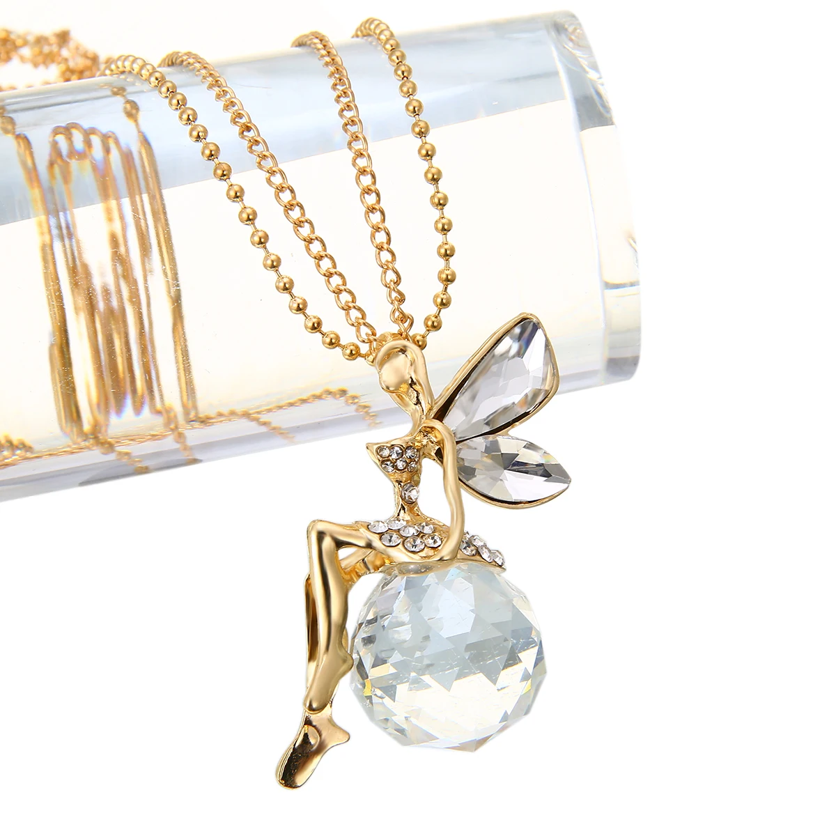New Women Crystal Shiny Fairy Rhinestones Angel Wings Charm Pendant Long Chain Trendy Party Gold Sweater Chain Jewelry Shellhard