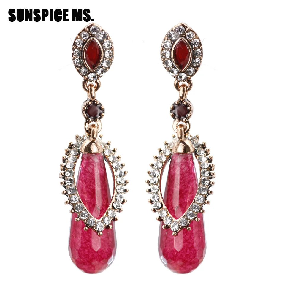 

Fashion Turkish Natural Stone Red Drop Earrings Women Antique Gold Color Crystal Column Pendant Dangle Earrings Wedding Jewelry