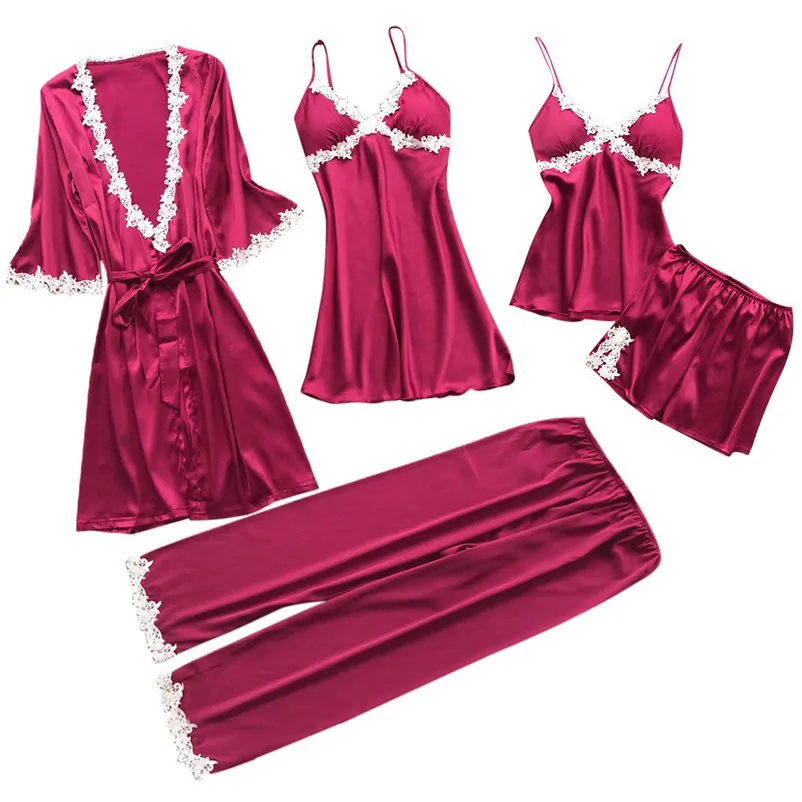 wine red 5pc 5 шт., женское сексуальное кружевное белье, ночное белье, нижнее белье, ночная рубашка, женская ночная рубашка, летние Ночные сорочки, мягкая сексуальная ночная рубашка#15S - Цвет: wine red 5pc