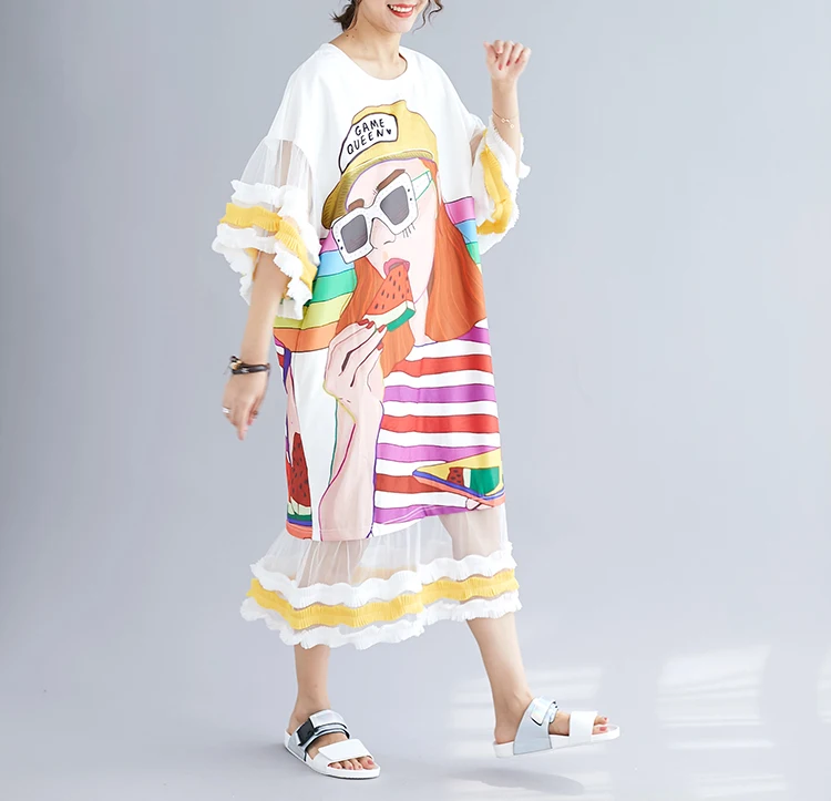 BelineRosa Koren Трендовое модное платье большого размера с рисунком из мультфильма и рюшами Сетчатое платье-рубашка с расклешенными рукавами XE000063
