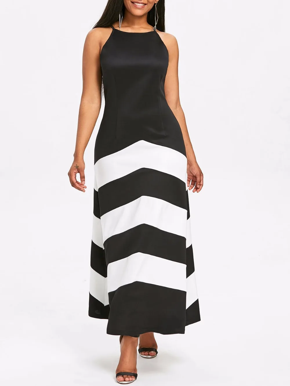 VESTLINDA Black White Striped Dress 2018 Summer Women Fashion Casual Robe Femme Maxi Dress Lomg Vestido Sleeveless Vest Dress 5