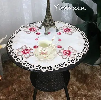 

New round lace Satin placemat embroidery cup coaster mug kitchen drink dining table place mat cloth tea coffee doily wedding pad