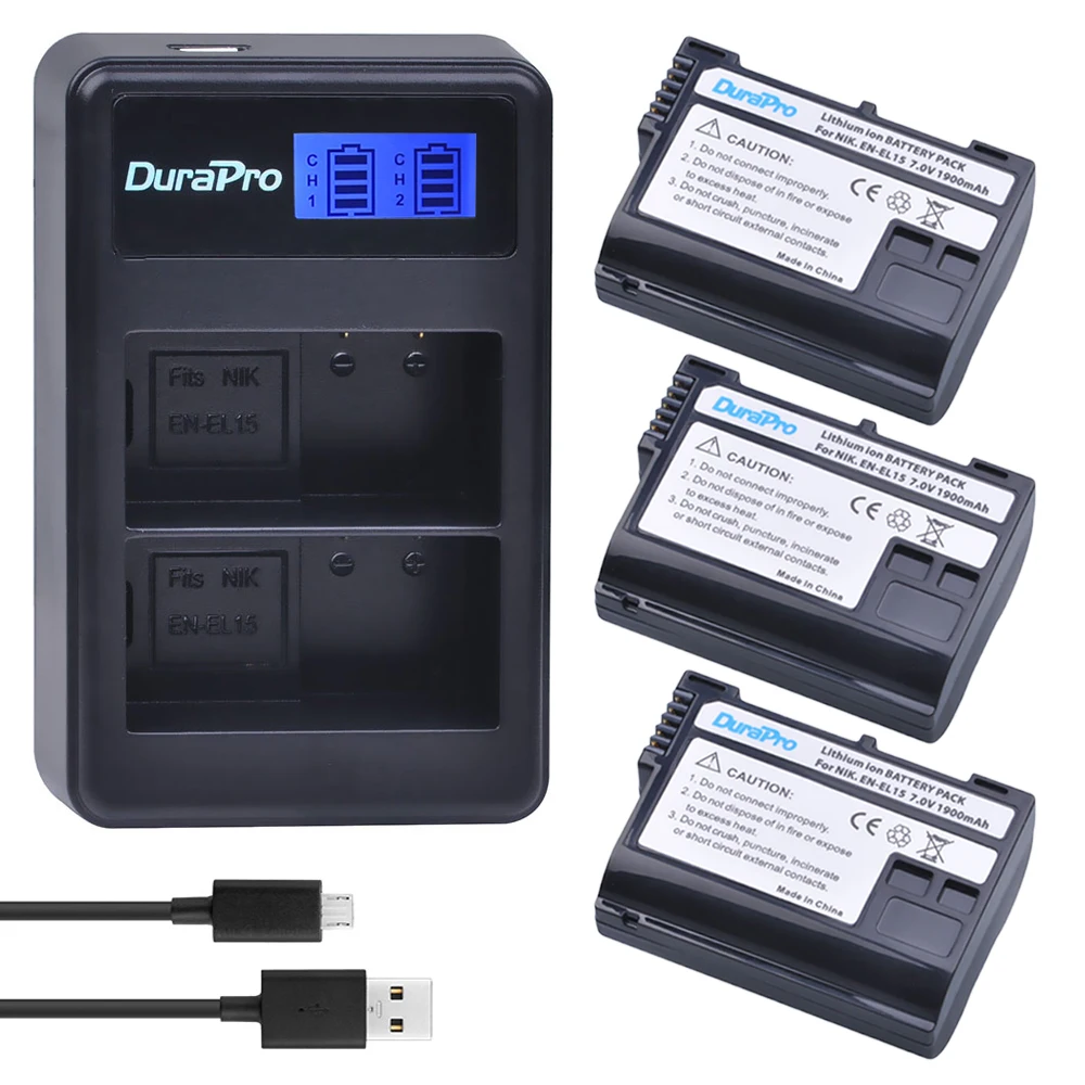 

DuraPro 3Pcs EN-EL15 ENEL15 EL15 Camera Battery + LCD USB Dual Charger for Nikon D600 D800 D800E D7000 D7100 V1
