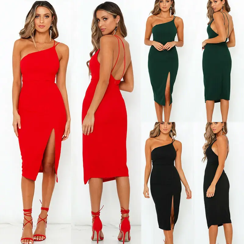 

Women's Split Bodycon Off Shoulder Sleeveless Midi Dress Ladies Spaghetti Strap Backless Evening Party Beach Dresses Sundress