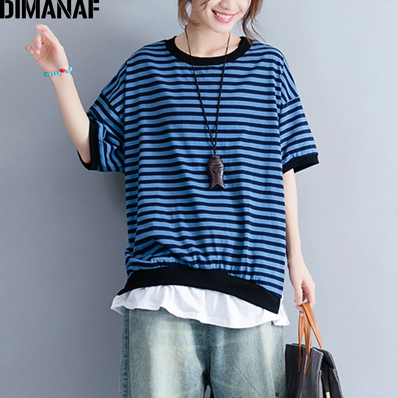 

DIMANAF Women T-Shirt Summer Plus Size Blue Striped Print Spliced Cotton Femme Lady Basic Tops Tees Casual Clothing Loose tshirt
