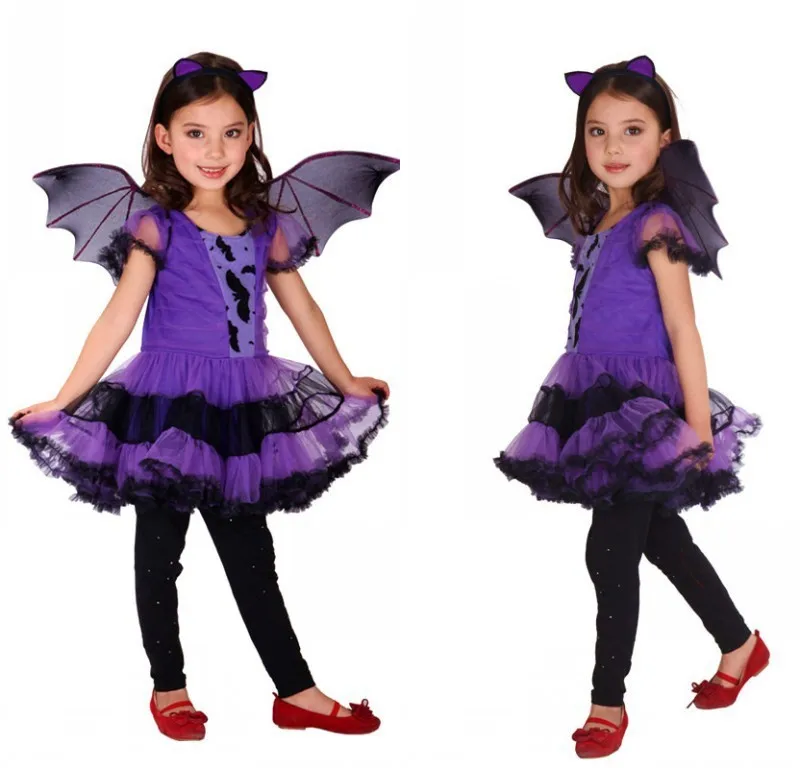Детская одежда для сцены одежда для костюмированной вечеринки платье на Хэллоуин фиолетовый костюм с крыльями летучей мыши для девочек
