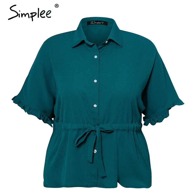 

Simplee Elegant ruffle plus size women blouse Loose short sleeve sashes female shirt top Casual office solid tops and blouses