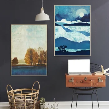 

Blue Desert Landscape Sun Moon Poster Modern Art Canvas Poster Wall Pictures for Living Room No Frame