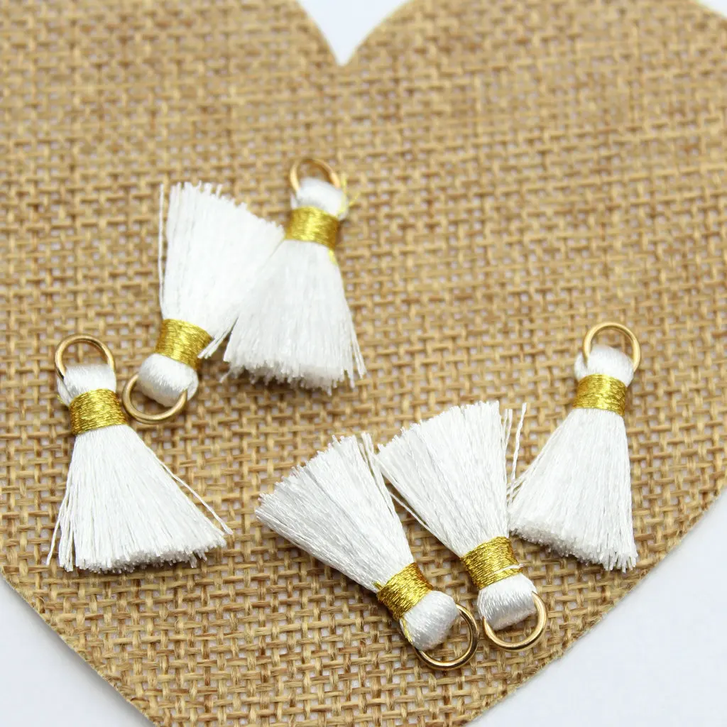 150pcs White Mini Tassels with Gold Binding White Cotton Jewelry Making