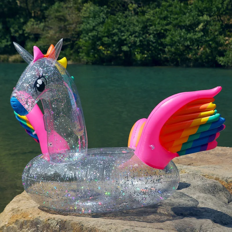 180 cm gonflable holographique paillettes licorne piscine flotteur Transparent arc-en-ciel Pegasus cheval anneau de natation adulte enfants eau amusant jouet - 1