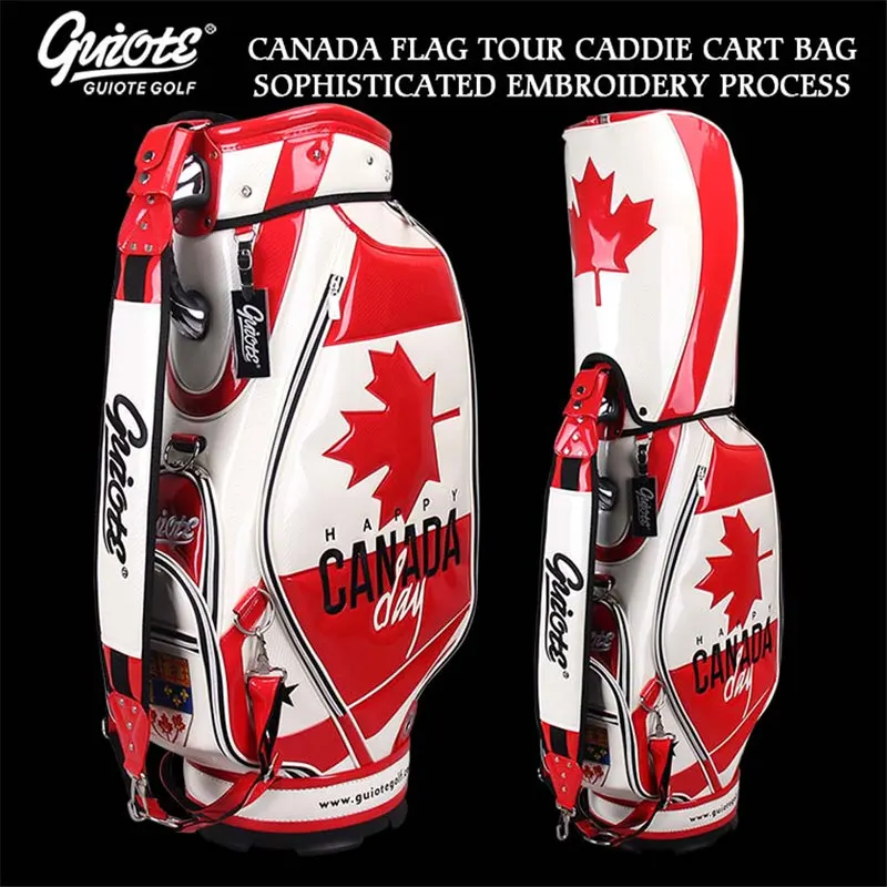 ^*Best Offers Maple Leaf Canadian Flag Golf Caddie Cart Bag PU Leather Golf Tour Staff Bag 5-way Come With Rainhood For Men Women