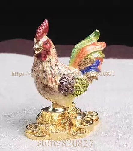 New Bejeweled Rooster Chicken Statue Standing on Gold Ingot Trinket Jewelry Box Fengshui Enamel Animal Craft Jewelry Metal Box