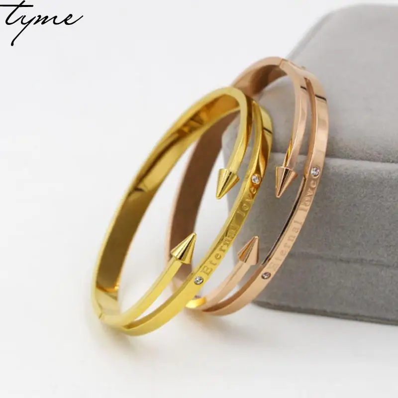 

New Arrival Conical Arrows Imitation Crystal Bracelets & Bangles Gold-color "Eternal love" Nail Cuff Bracelet For Women