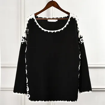 

Luxury Brand Designer Knitted Sweater for Women Vintage O Neck Black White Flower Crochet Knitted Pullovers