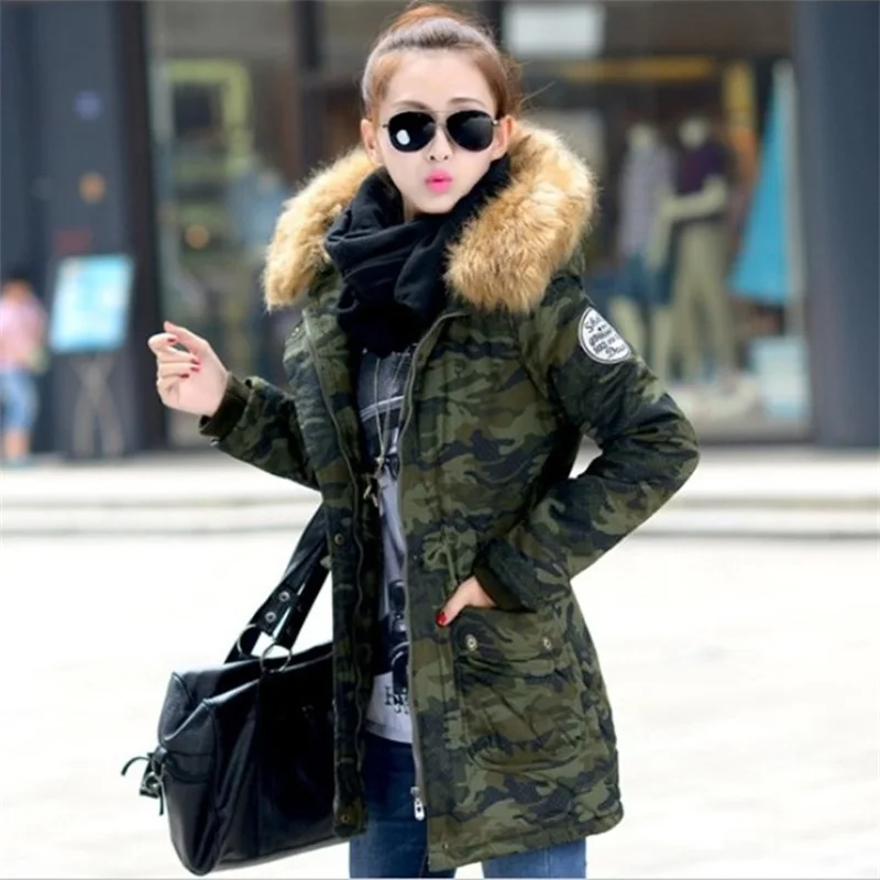 FUNOC 2016 Winter Cotton Parka Coat Fur Hooded Army Camouflage Women Jackets Real Raccoon Fur Collar