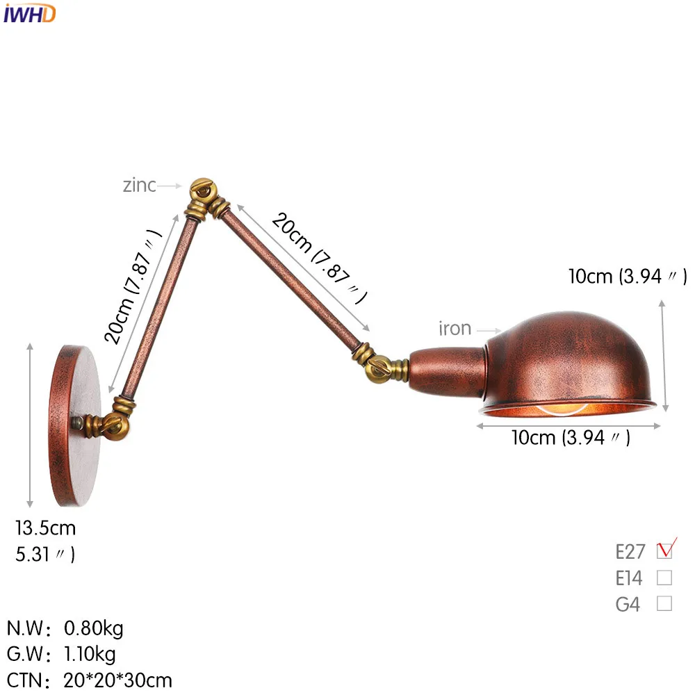 IWHD деревенском стиле ретро светодиодный Винтаж настенный светильник Ванная комната Спальня промышленные распашные длинные руки Ретро