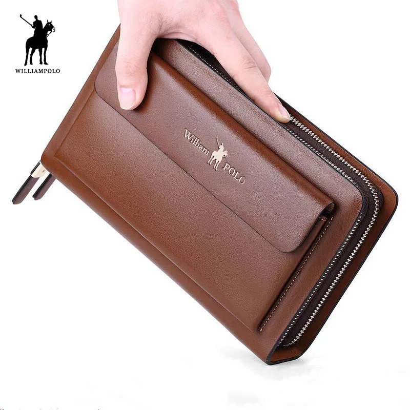 

WILLIAMPOLO 2018 Fashion Long Design Genuine Leather Wallet Man Metal Corner Phone Wallet Luxury Wallet Black