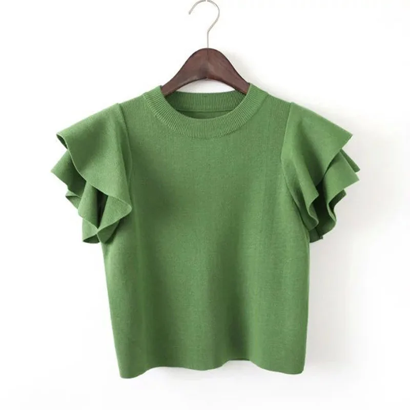 Women Solid Color Butterfly Sleeve Elegant Knitted Green Sweater Slim