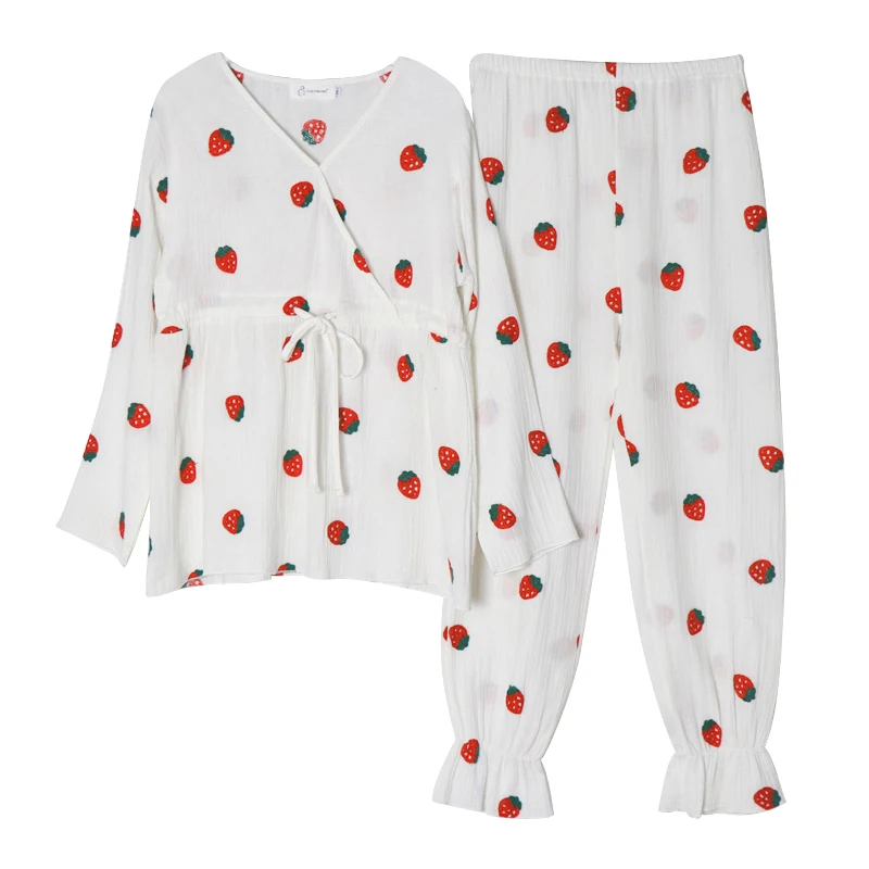 Пижамы для беременных из 2 предметов, Хлопковая пижама с длинными рукавами и принтом клубники, комплекты одежды для кормления, кружевные пижамы для беременных женщин - Цвет: WHITE