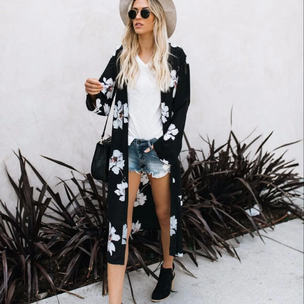 

JSMY Women New Summer Flowe Print Sunscreen Cardigan Beach Chiffon Loose Tunic Robe Sunscreen Long Dress