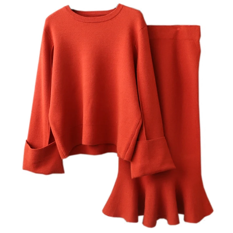 Women's Hot Sale Full O-neck Knit Two-piece Female 2018 New Fashion Solid Color Sweater Lotus Leaf Fishtail Skirt Women Set