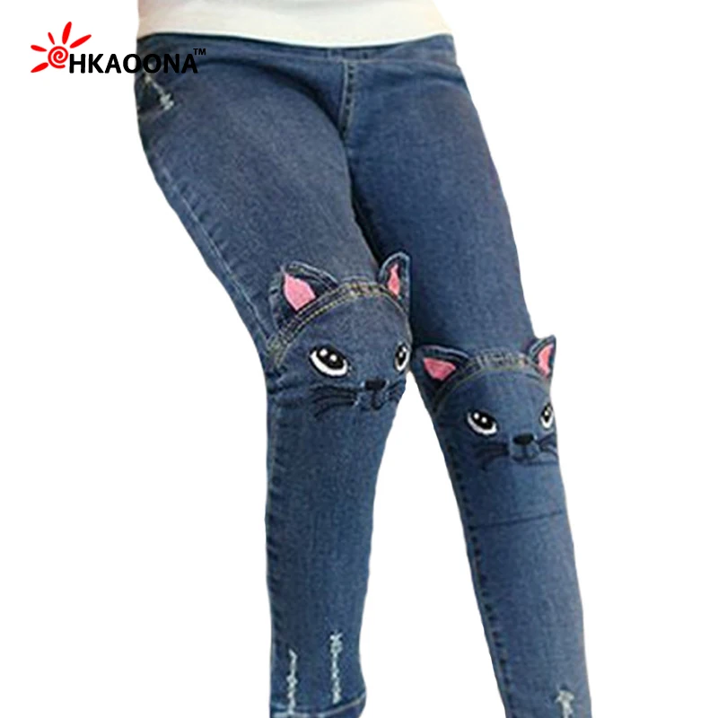 Kids Cartoon Cat Jeans For Baby Girls Ctue Cat On Knees Girls Jeans Denim Pants Frazzle Trousers