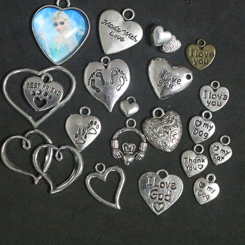 

Mixed Love Heart Paw Print Pendant Charms For Jewelry Making DIY Handmade Fashion Jewelry Accessories Vintage Antique Silver