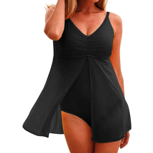 Plus Size One Piece with skirt vintage Swimsuit Deep V neck Black Women