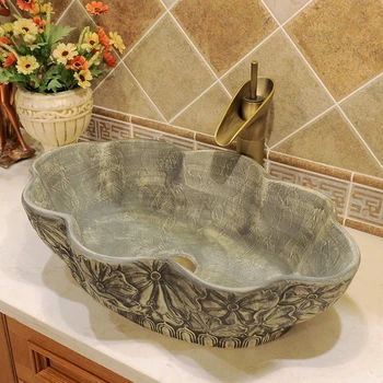 

Europe Vintage Style Art Counter top Basin Sink Handmade Ceramic Bathroom Vessel Sink Vanities single ceramic wash sink oval
