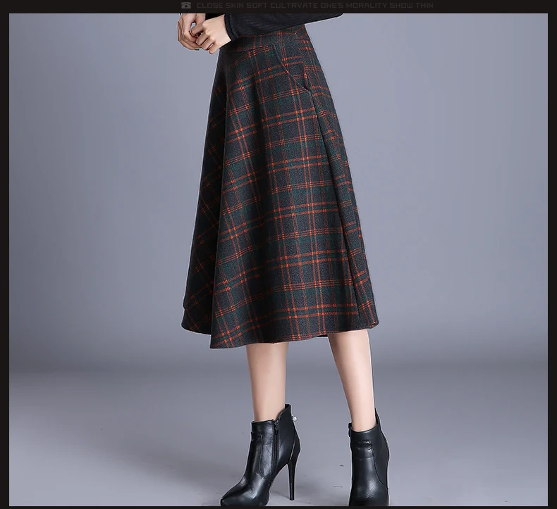 S-4XL New Women's Wool Blends Skirts Winter Autumn Fashion Elegant Printed Plaid Thicken Slim Medium Length Skirt Female