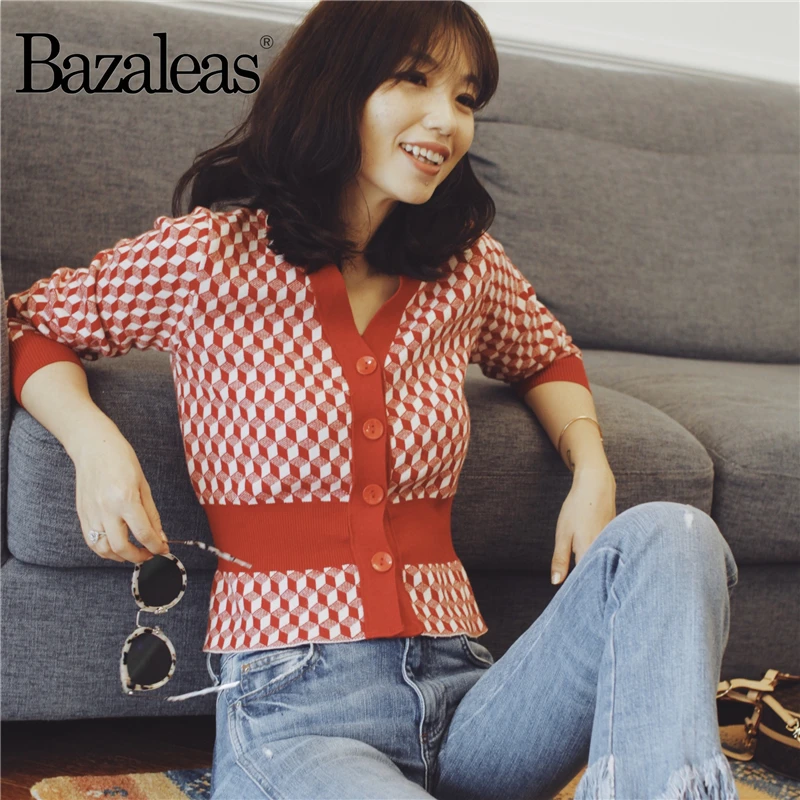 

Bazaleas Fashion Jacquard cotton red and white Sweater Vintage Patchwork waistcoat V Neck harajuku Kintted Carfigans Casual