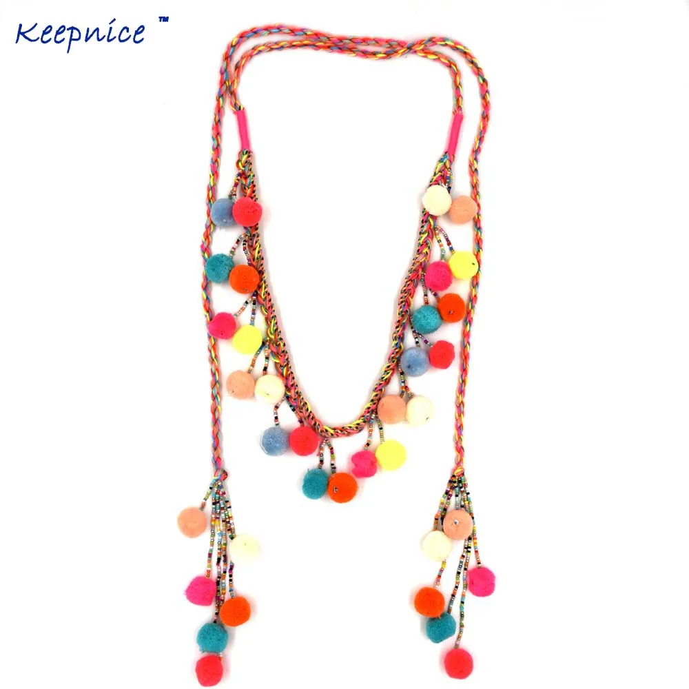 collier bohème Bobo Gypsy Style Pompon Turquoise Long Chaîne Ras du cou Necklace