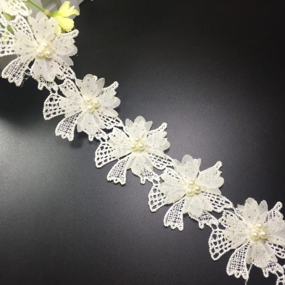 15yards 6cm Chiffon Flower Lace Trim Pearl Embroidery Sewing Fabric