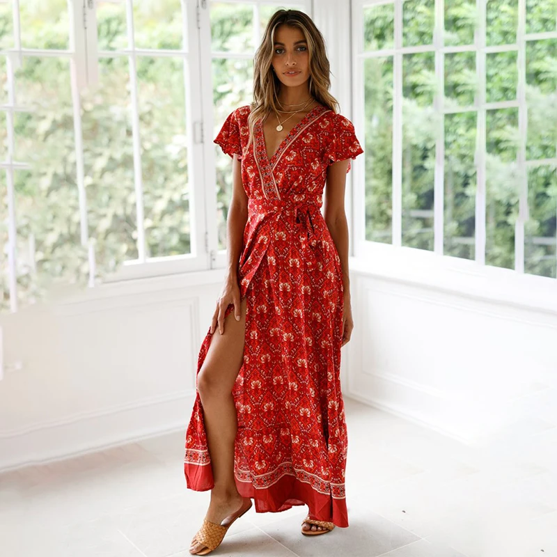 

Women Sexy Beach Summer Long Dress Women Boho Long Summer Maxi Dress Elegant Floral Print Bohemian Sundress