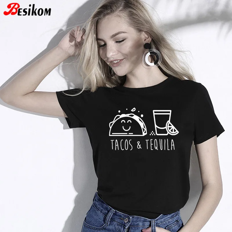 Женская футболка с коротким рукавом Besikom Tacos Tequila хлопковая свободная летняя