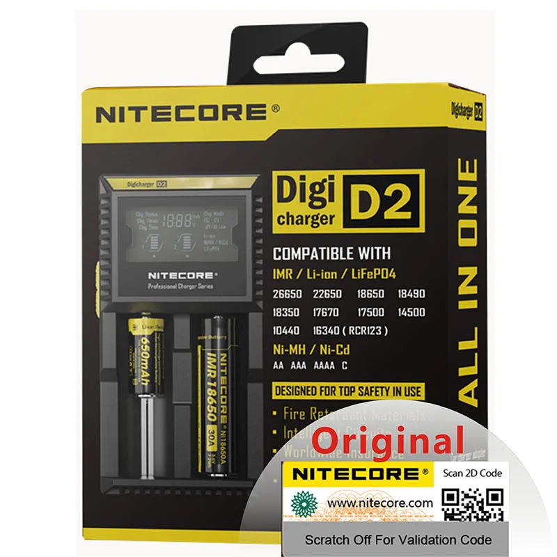 Оригинальное зарядное устройство Nitecore D2 Батарея Зарядное устройство ЖК-дисплей с функцией умной зарядки для 18650 14500 16340 26650 AA AAA батареи 12V Зарядное устройство лучшего качества