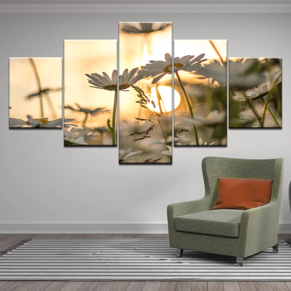 

Wall Art Home Decoration HD Print 5 Panels Chrysanthemum Flowers Sunset Painting Modern Poster Canvas Cuadros Modular Picture