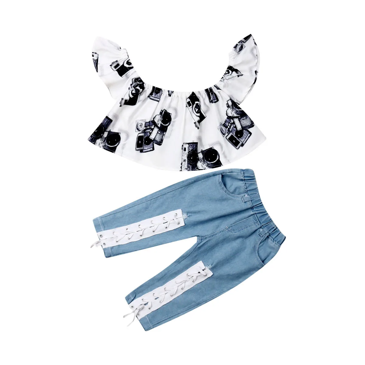 

3-8Y Summer Infant Kids Girls Clothes Sets Off Shoulder Tops Denim Jeans Pants Sunsuit Outfit