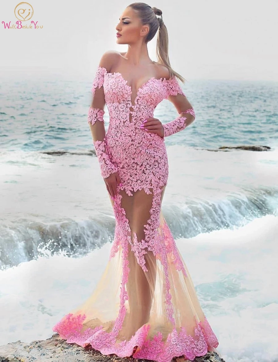 

Pink Lace Prom Dresses Long Sexy 2019 Sheer Neck Full Sleeve Mermaid Trumpet Champagne Tulle Evening Gown Formal Walk Beside You