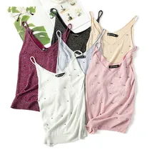 Glitter Beading Pearl Embellished Cami Top Summer Womens Sleeveless Top Black V Neck Women Spaghetti Strap Regular Fit Wear 295 contrast frill trim pearl embellished top