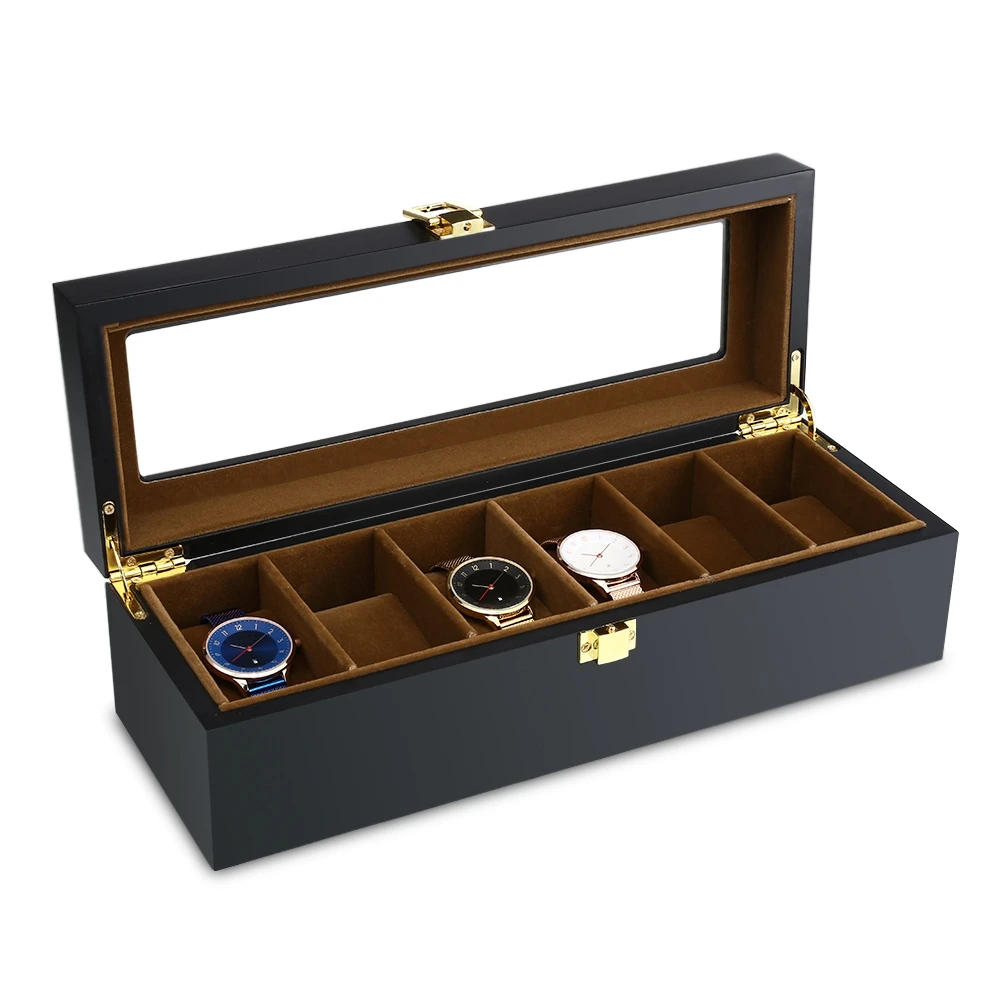 6 Slots Watch Organizer Display Case Wood Luxury Glass Top Wristwatch