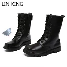 LIN KING/модные мужские ботинки в байкерском стиле со стальным носком; высокие военные ботинки-дезерты на шнуровке для улицы; безопасная женская обувь с защитой от проколов